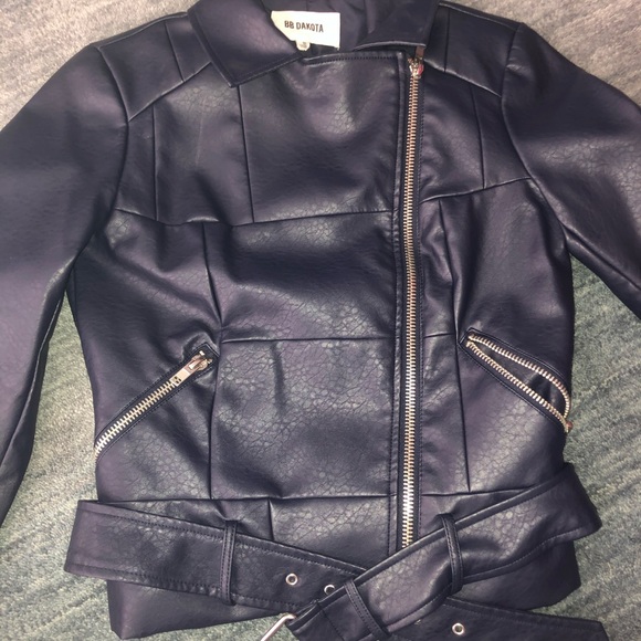 Navy Blue Leather Moto Jacket - Picture 2 of 6